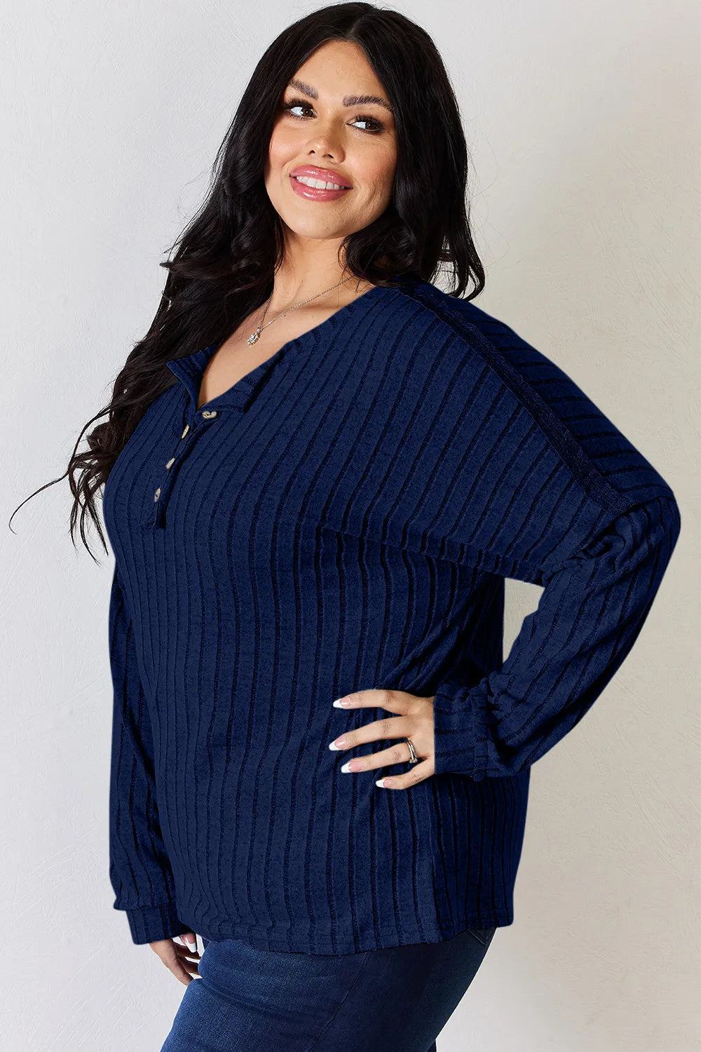 Ribbed knit half-button henley long sleeve top