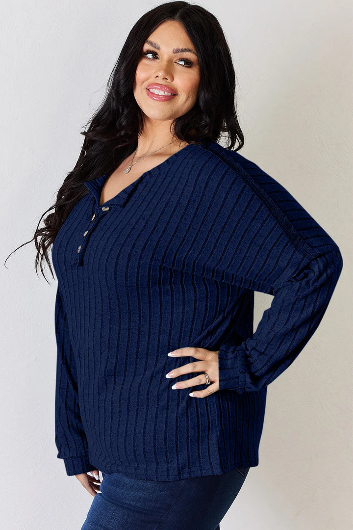 Ribbed knit half-button henley long sleeve top