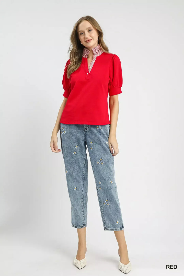Contrast striped collar puff sleeve popover top