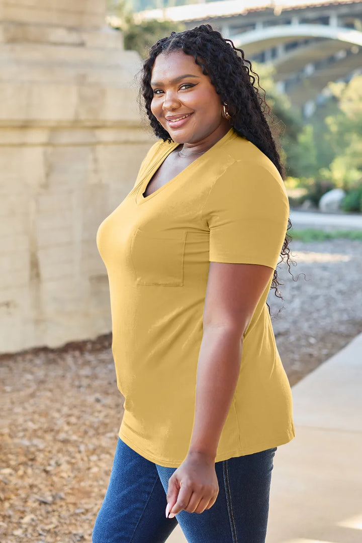 V-neck short sleeve bamboo tee with chest pocket