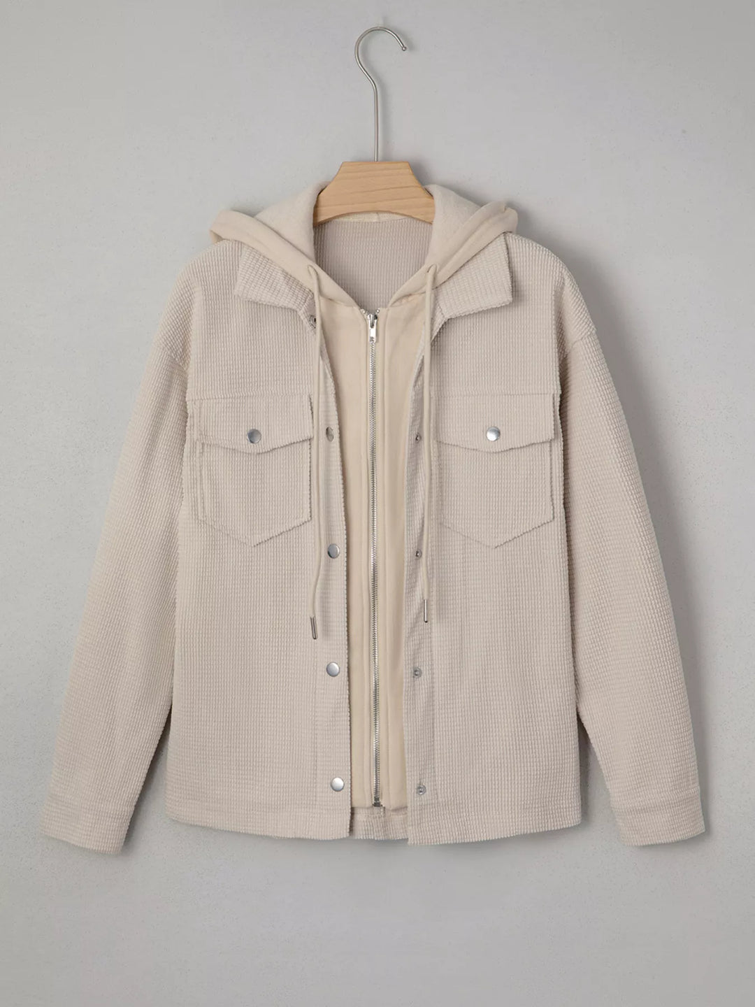 Waffle knit hooded jacket with snap flap pockets