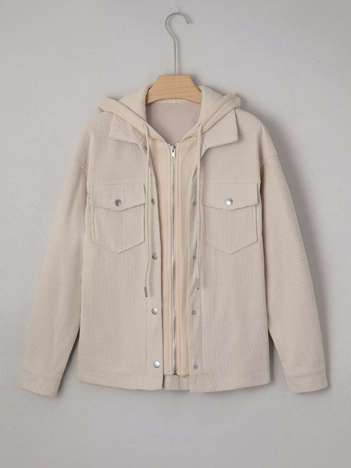 Waffle knit hooded jacket with snap flap pockets
