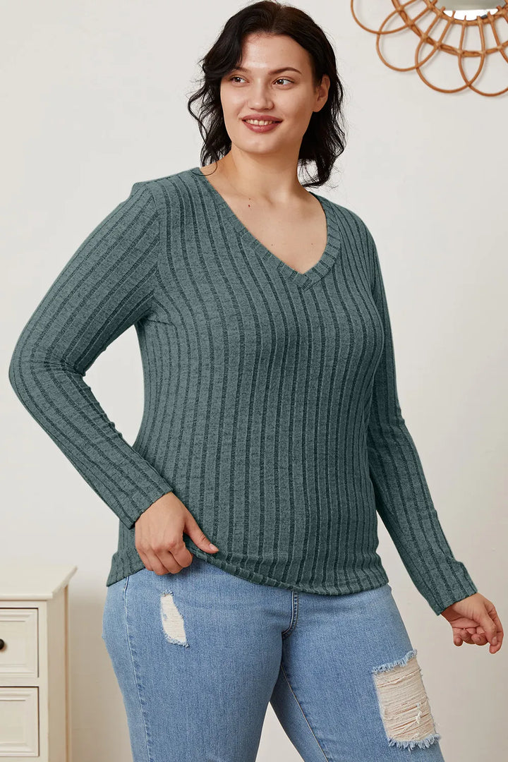 Ribbed v-neck long sleeve knit top