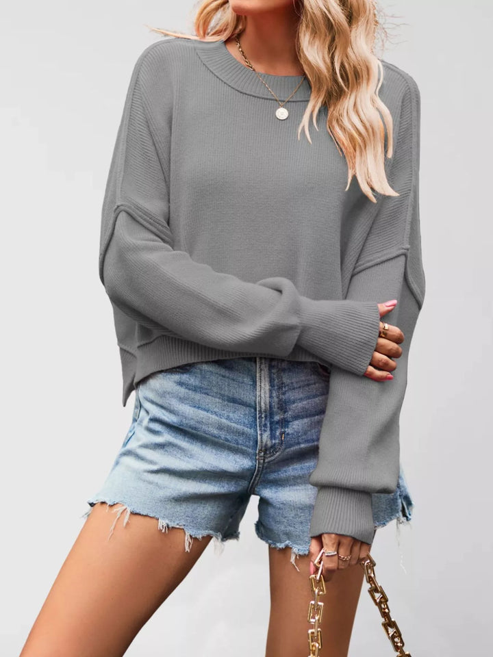 Gray Dropped shoulder crew neck sweater with ribbed raw hem
