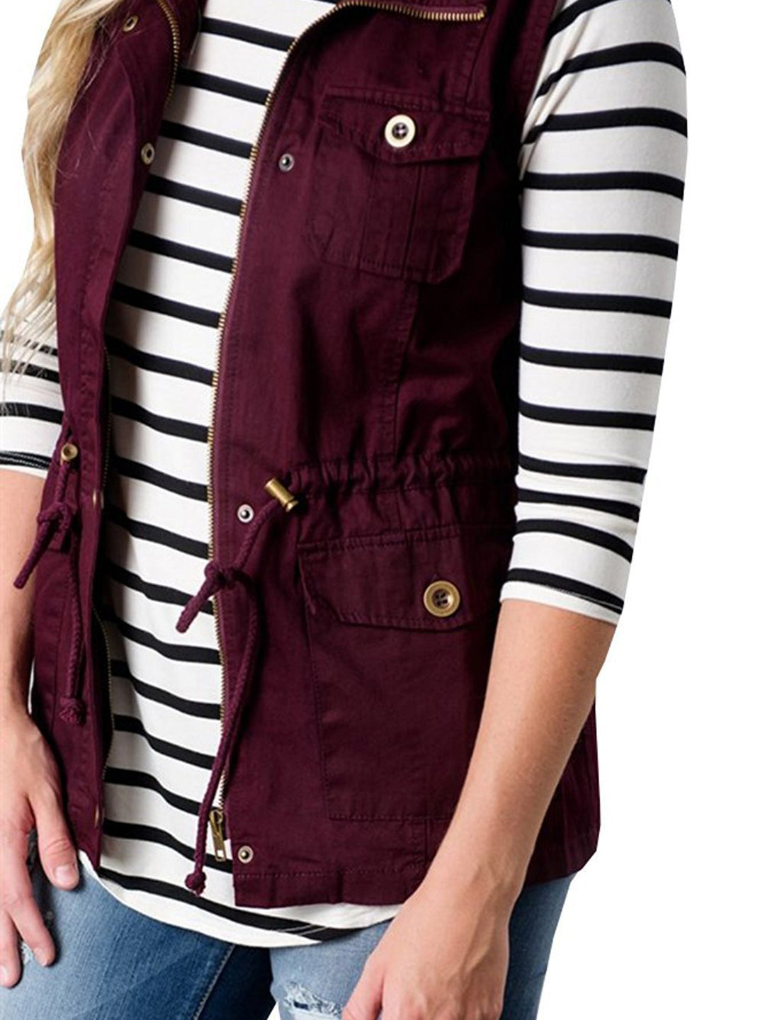 Drawstring waist utility vest with snap flap pockets