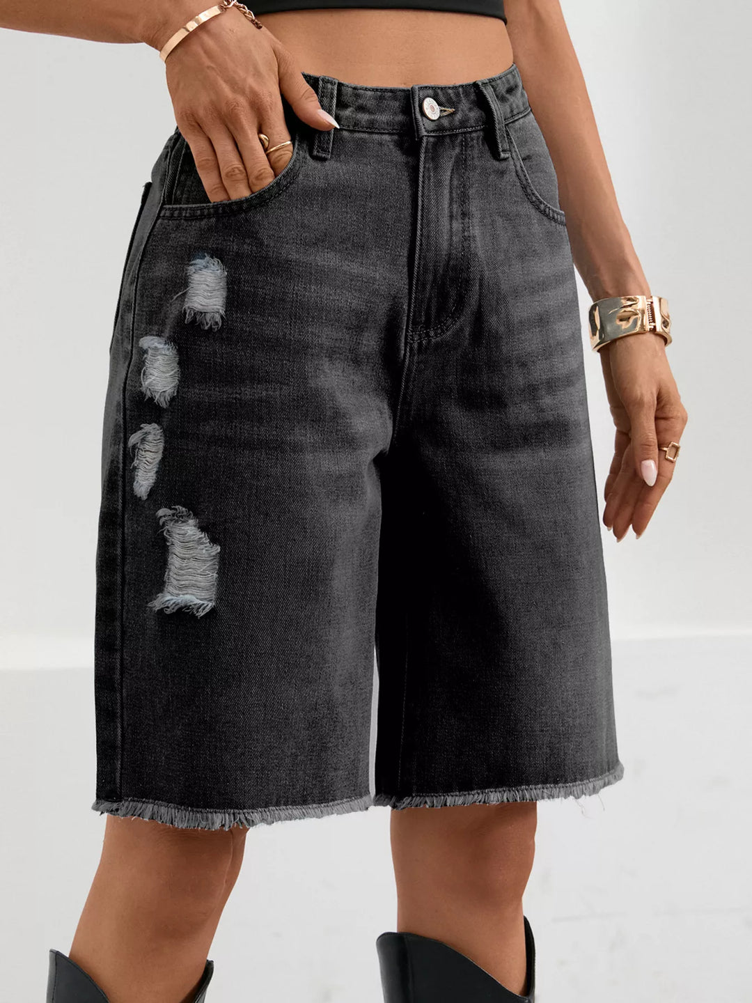 Black Distressed high-rise denim bermuda shorts with frayed hem