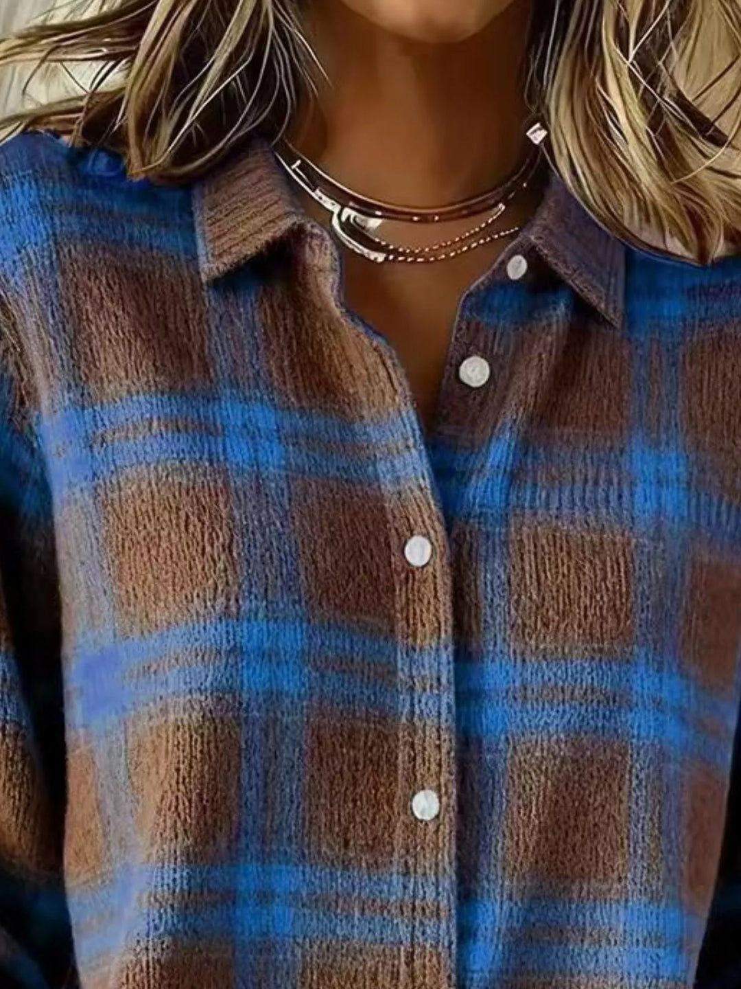 Plaid button-down knit cardigan with ribbed cuffs and hem
