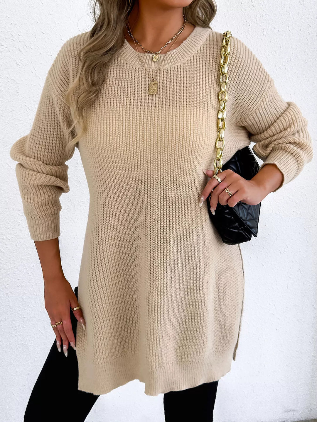 Side-slit ribbed knit tunic sweater with drop shoulders
