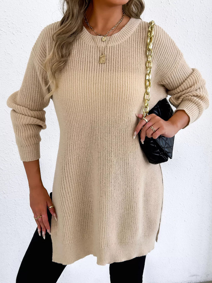 Side-slit ribbed knit tunic sweater with drop shoulders