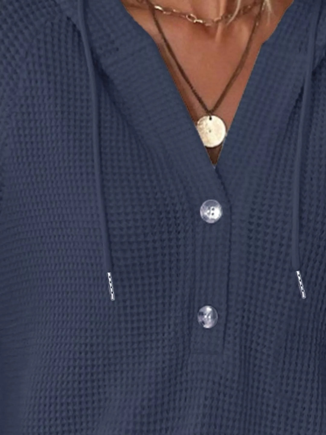 Button-detail waffle knit hoodie with drawstring hood