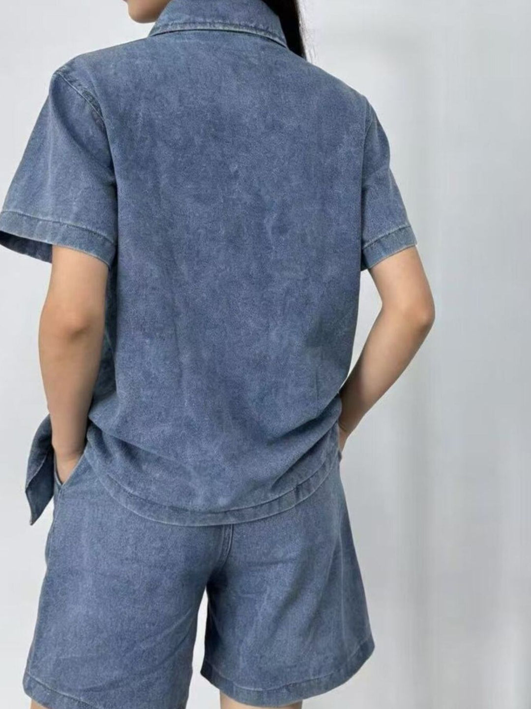 Short sleeve denim shirt and drawstring shorts set