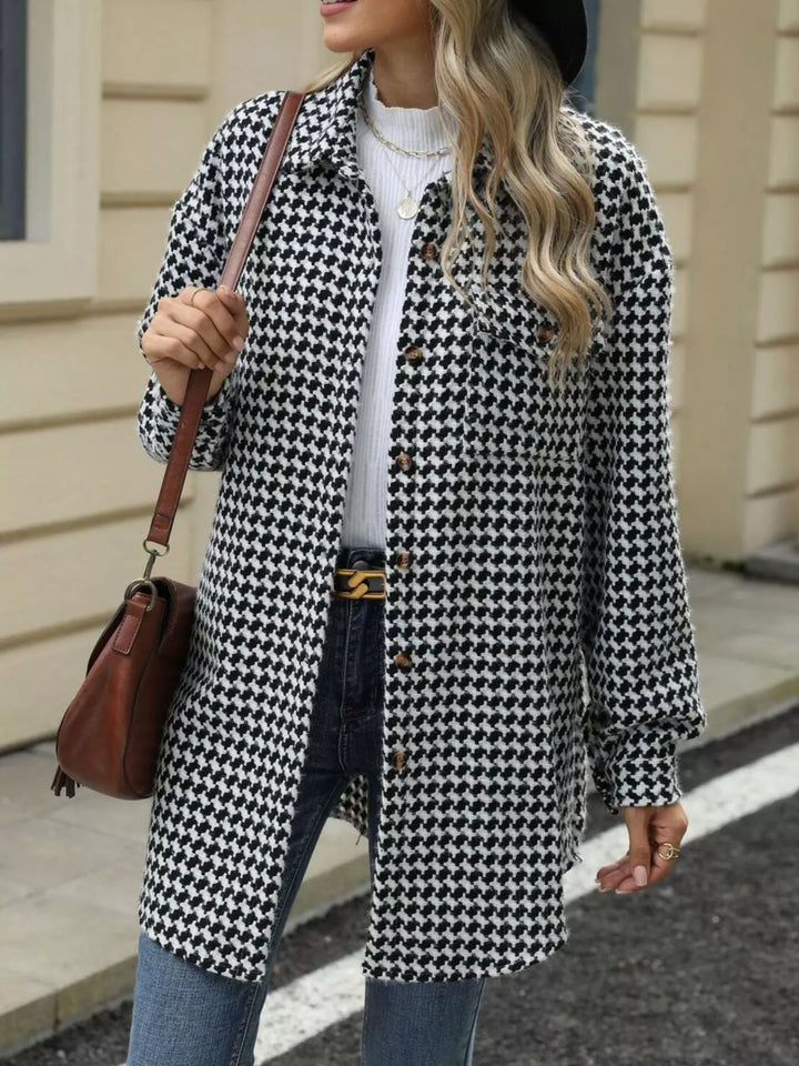 Houndstooth button-up shacket coat with chest pocket