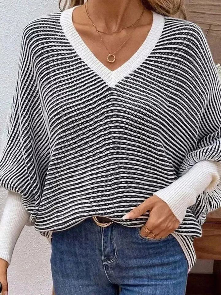 Black Striped ribbed knit batwing sleeve V-neck sweater