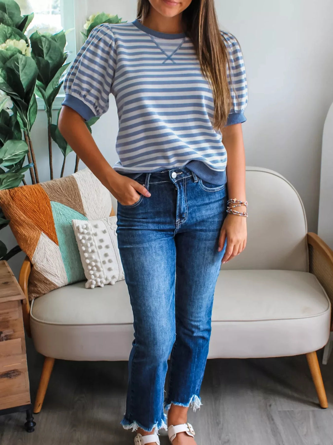 Striped puff bubble sleeve crew neck top with ribbed trim