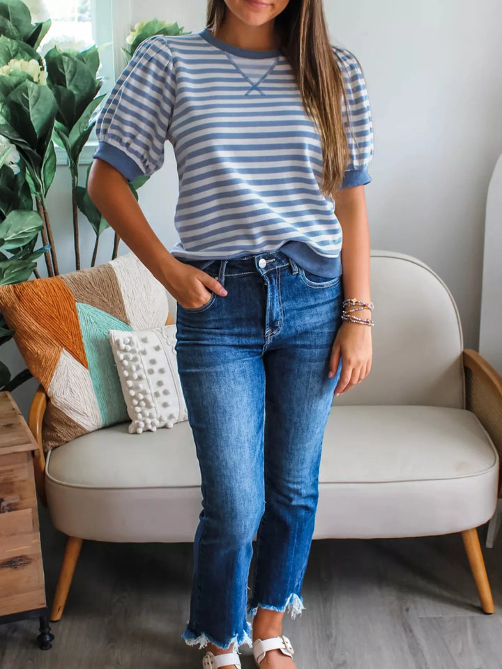 Striped puff bubble sleeve crew neck top with ribbed trim