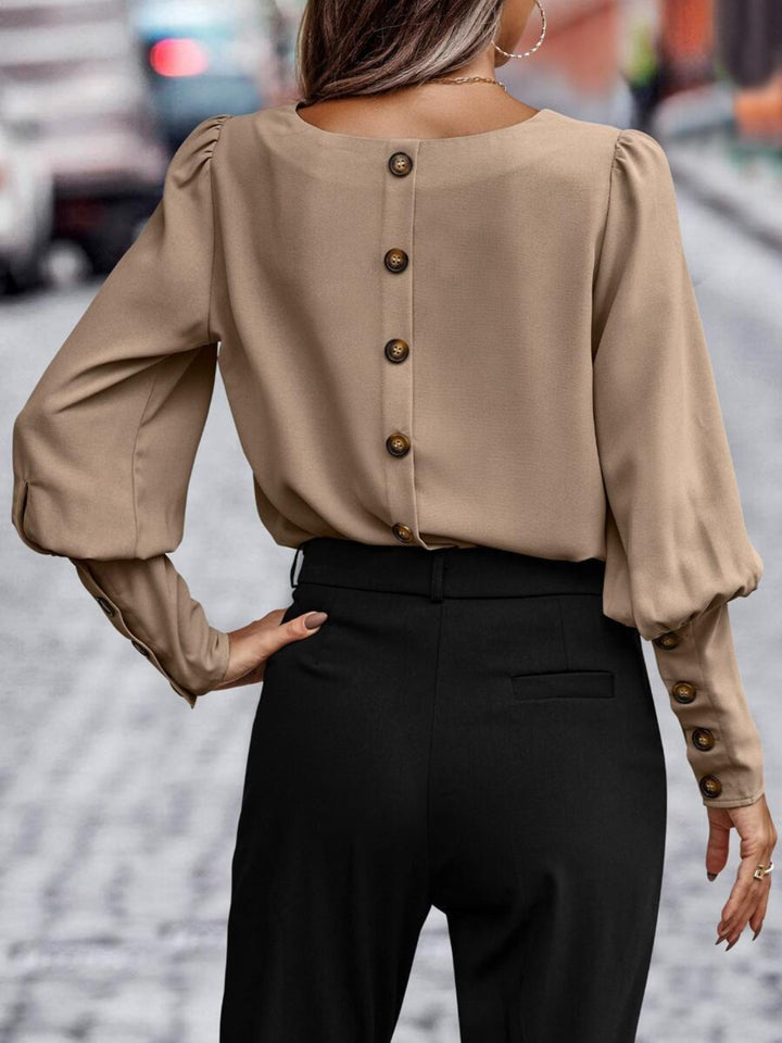 Lantern sleeve round neck blouse with puff shoulders