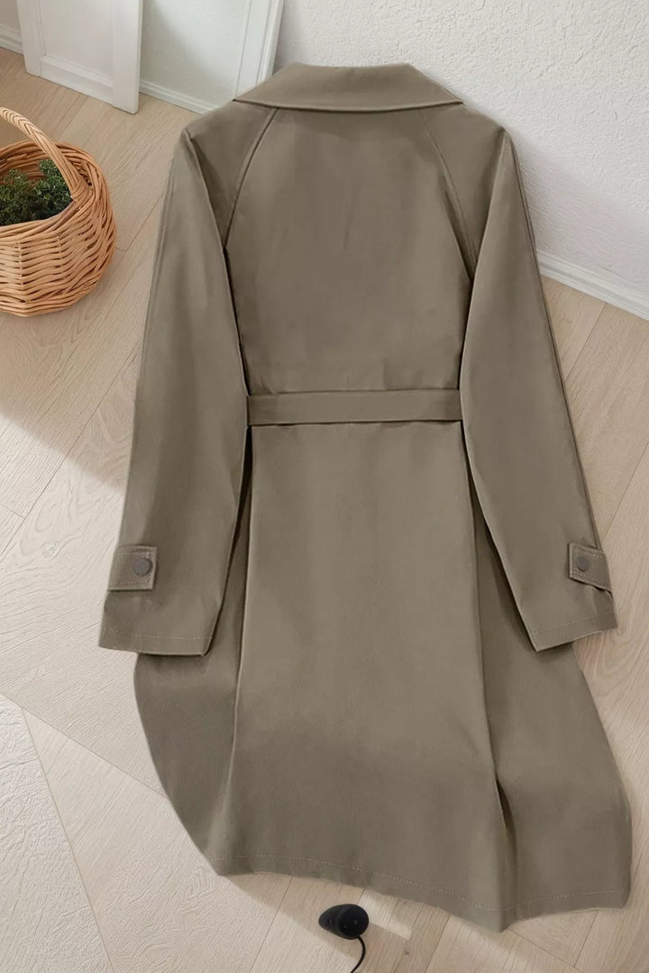 Wide lapel belted trench coat with epaulette tabs