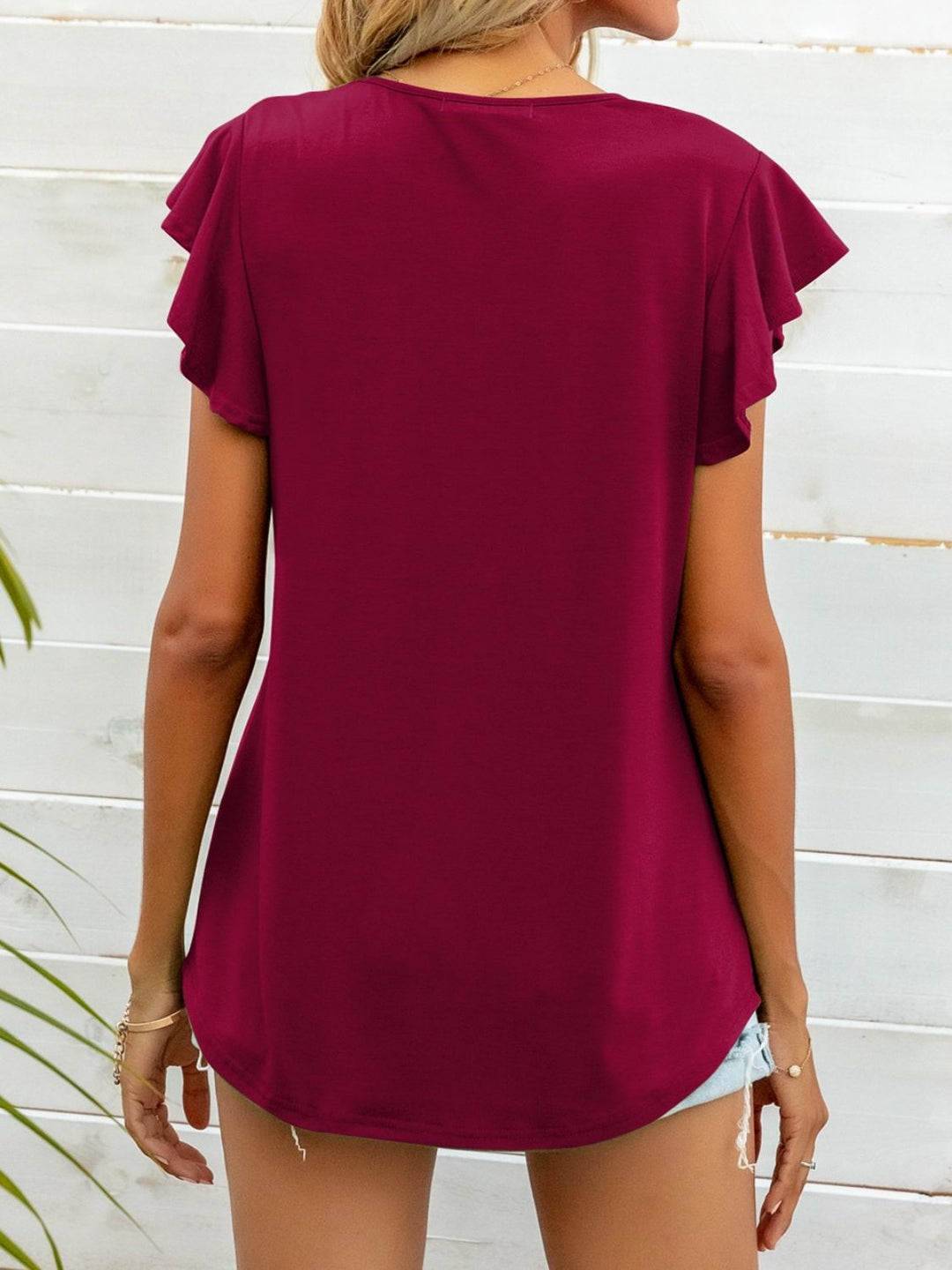 Ruffled butterfly cap sleeve round neck top