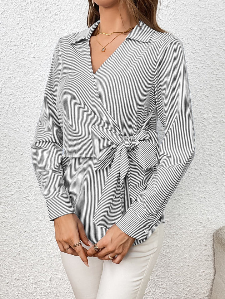 Striped wrap blouse with bow tie waist and Johnny collar