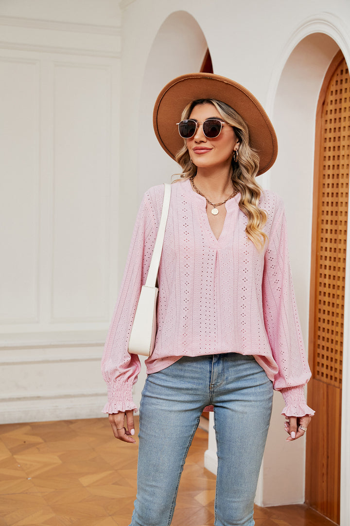Eyelet notched-neck blouse with flounce sleeves