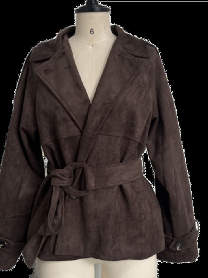 Suede-look tie-waist cropped jacket with lapel collar