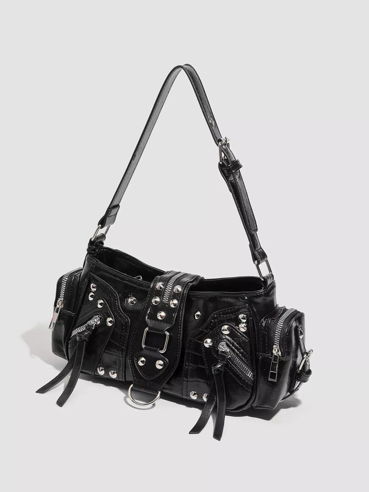 Studded moto shoulder bag with zip cargo pockets
