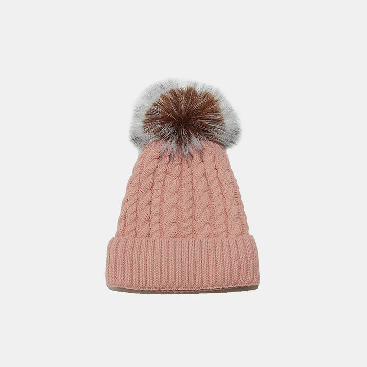 Dusty Pink Braided cable knit pompom beanie with fold-over cuff