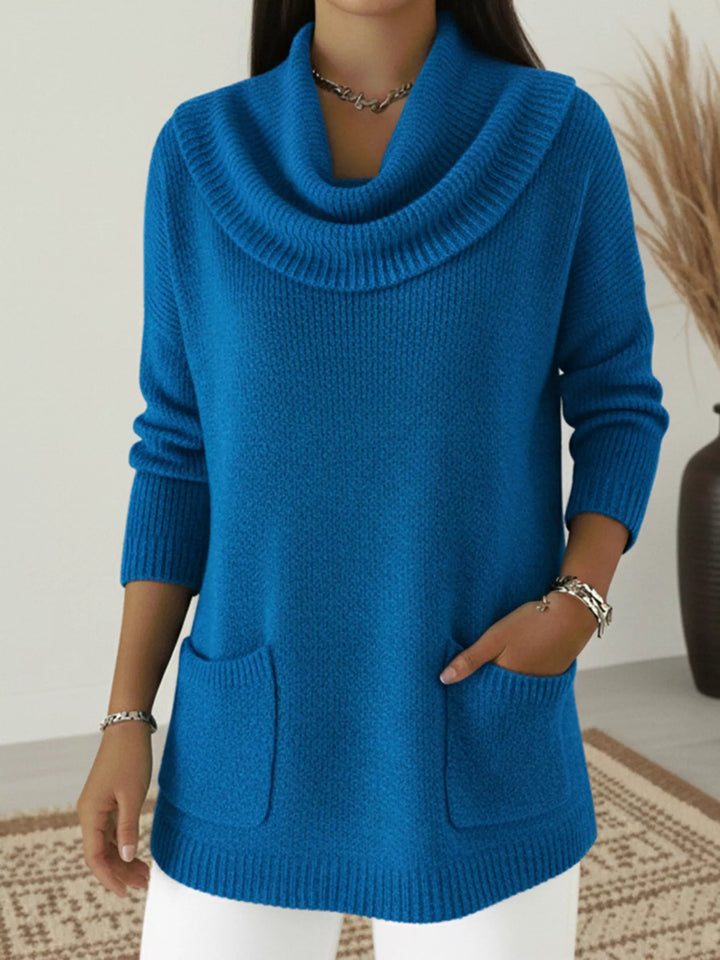 Blue Cowl neck long sleeve knit sweater with front pockets