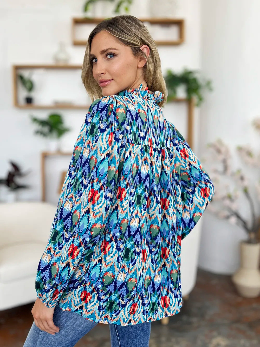 Abstract print balloon-sleeve button-down blouse