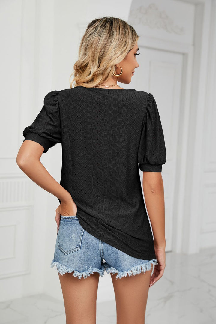 Eyelet puff sleeve top with scoop neckline
