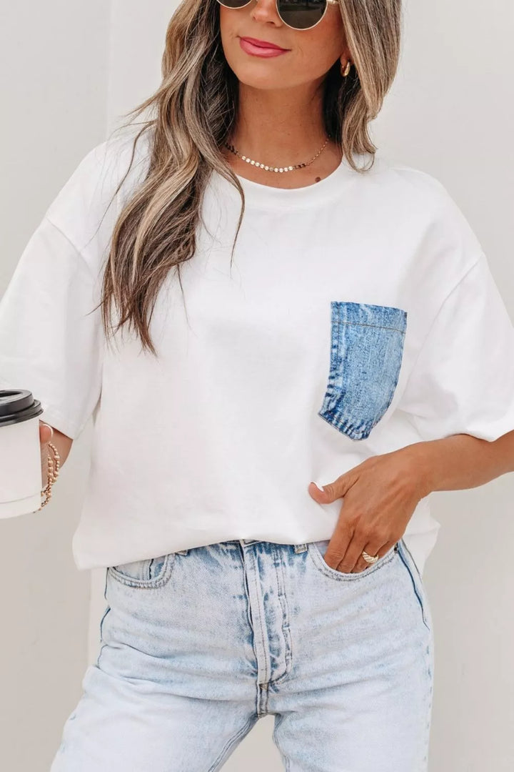 Denim chest pocket relaxed cotton crew neck tee