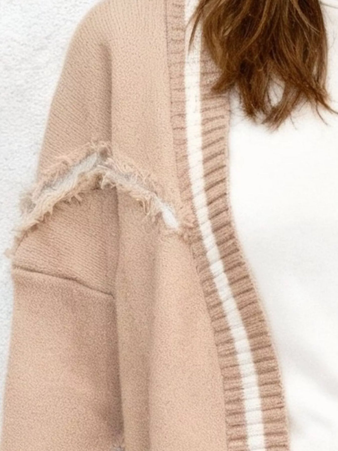 Frayed exposed-seam open front cardigan with striped trim