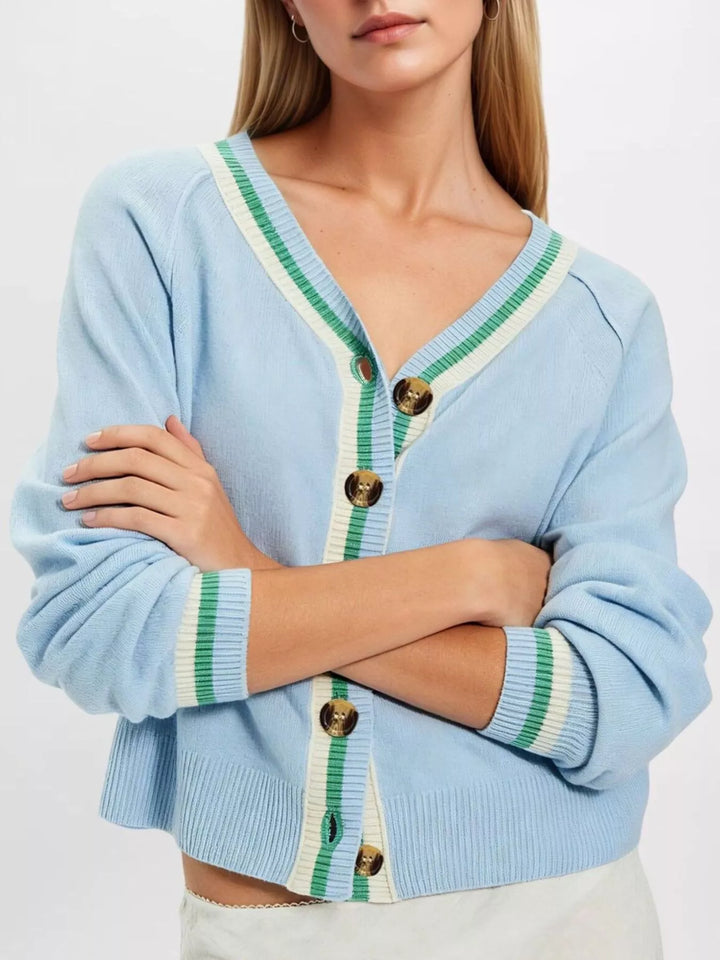 Blue Striped trim V-neck button-down knit cardigan