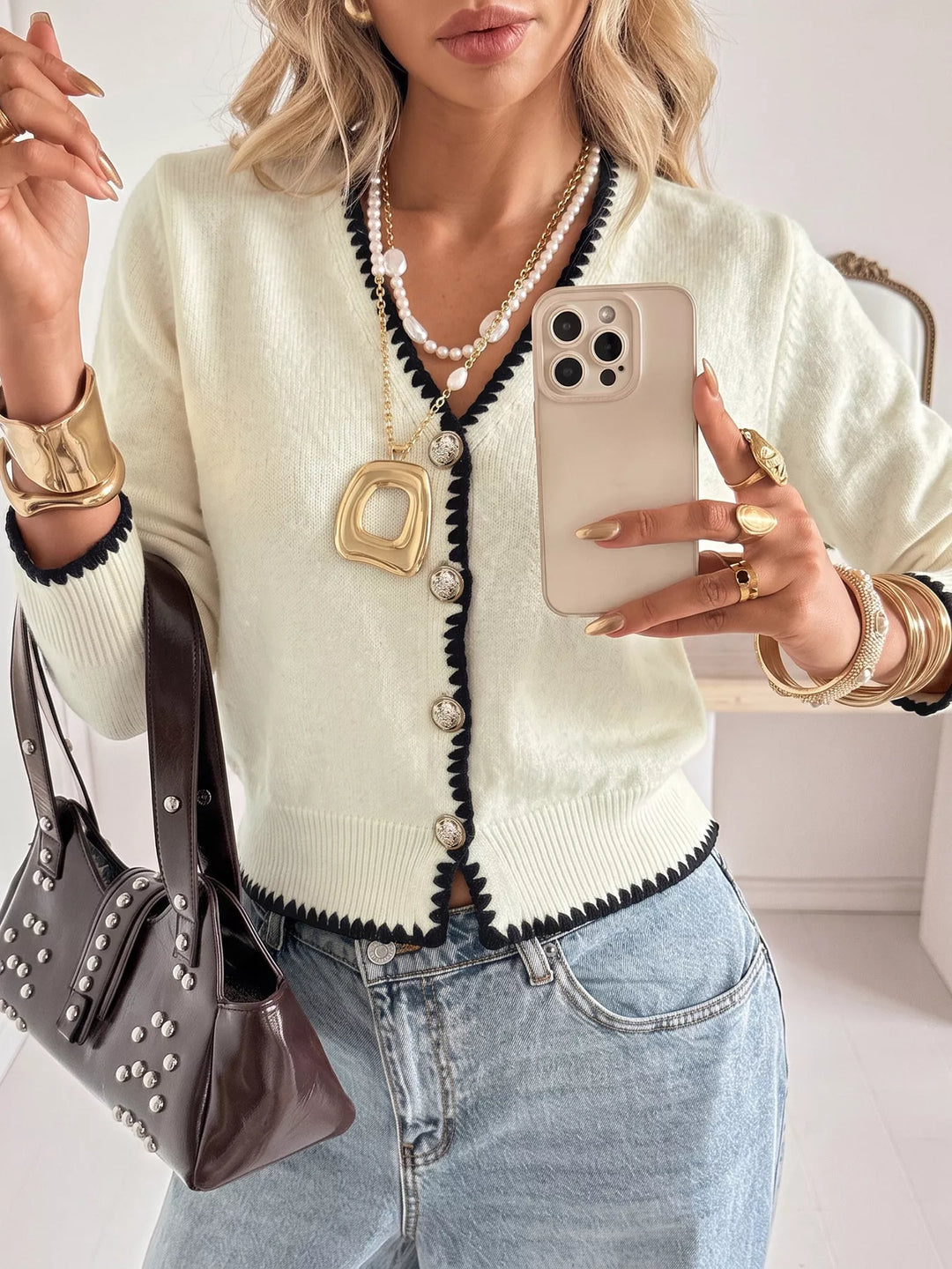 Contrast whipstitch trim V-neck button-front knit cardigan