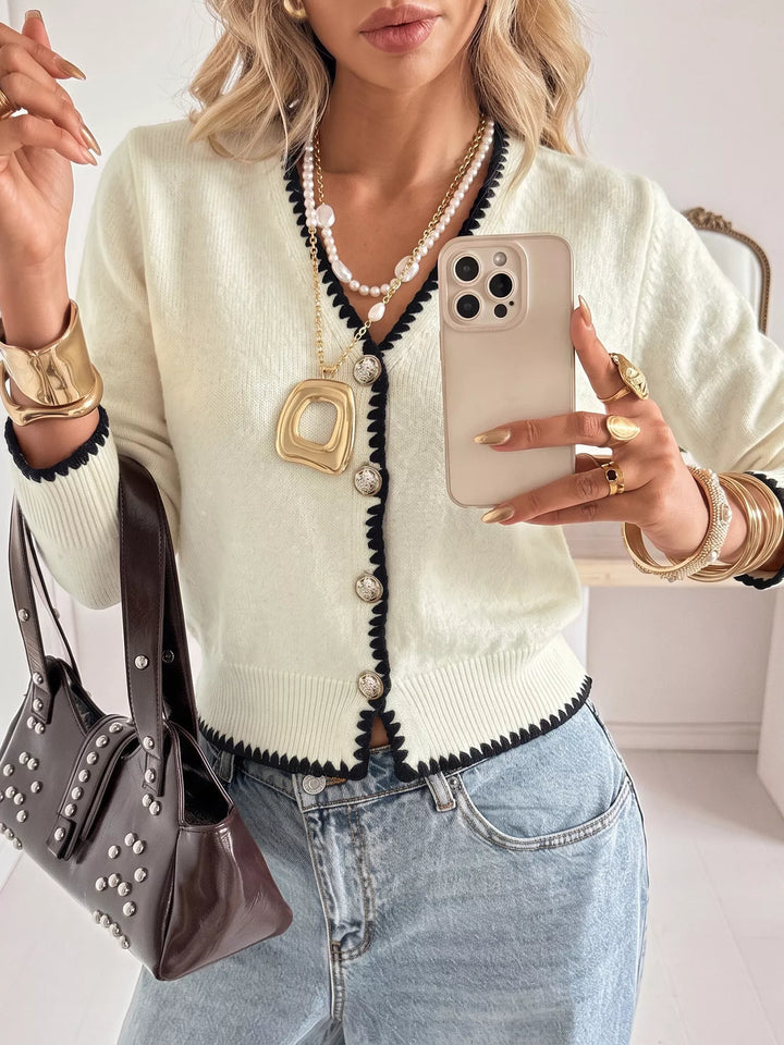 Contrast whipstitch trim V-neck button-front knit cardigan