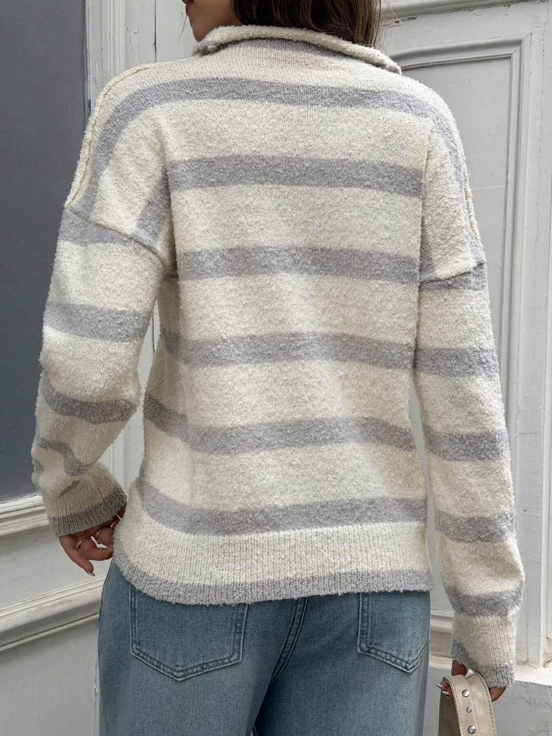 Striped mock neck button-down textured knit cardigan