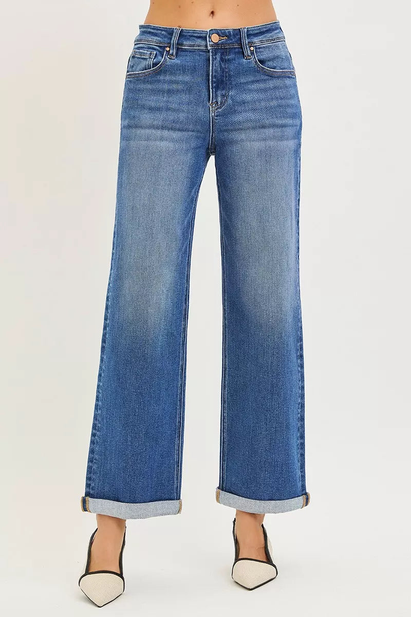 High rise relaxed straight leg jeans with cuffed ankle hem