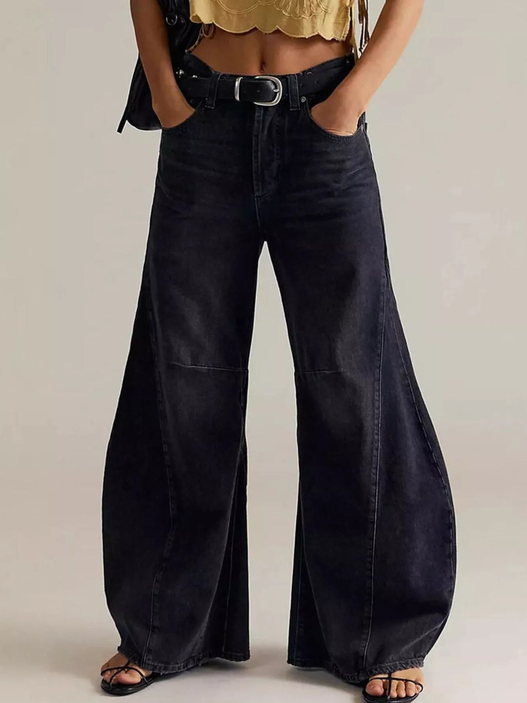 Black High-rise wide leg balloon jeans with paneled knee seam