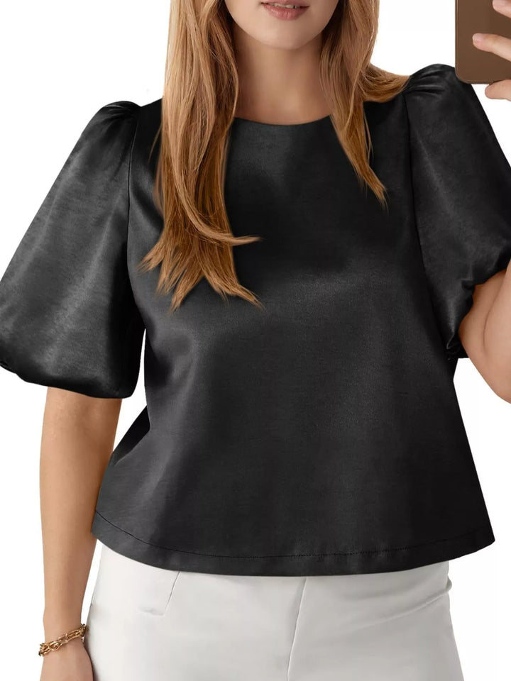 Black Short puff sleeve satin top with round neck