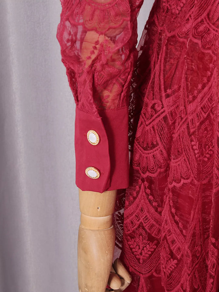 Belted lace button-front midi dress with notched collar