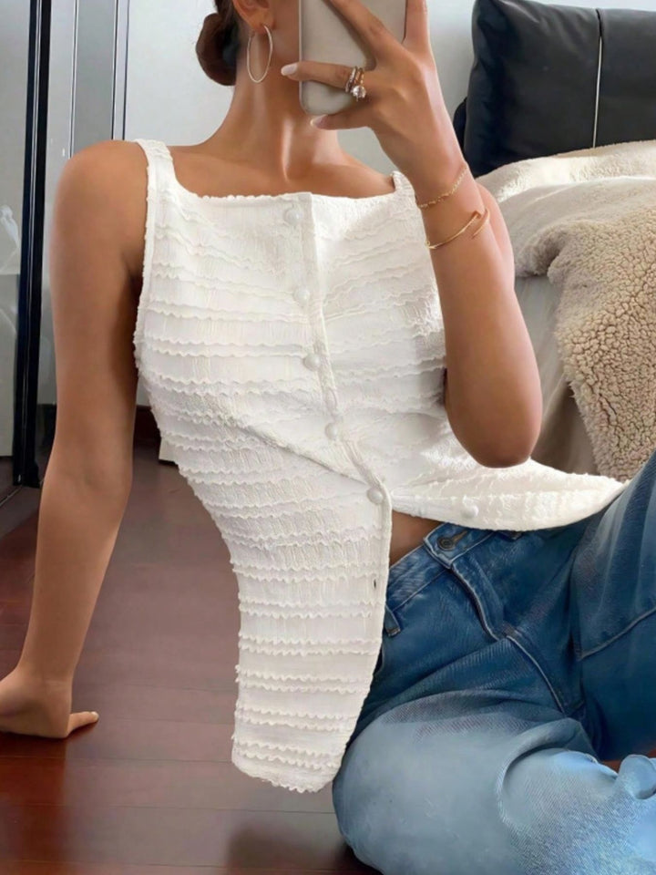Textured button-front tank with square neck and split hem