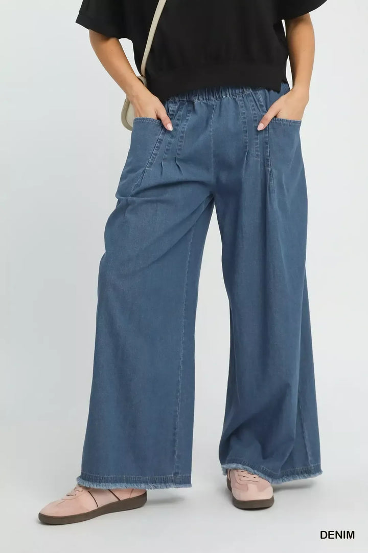 DENIM Stone washed wide leg cotton pants with raw hem