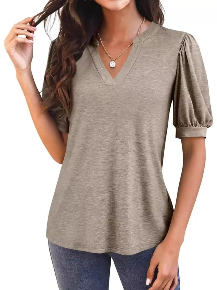Camel Short puff sleeve notched V-neck casual tee