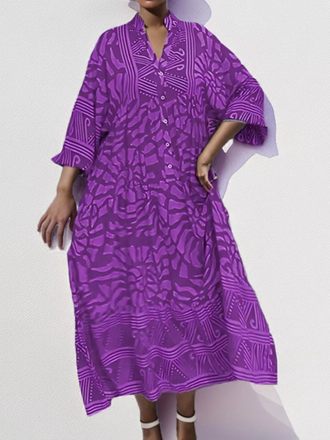 Electric Purple Abstract print button-front tiered midi dress