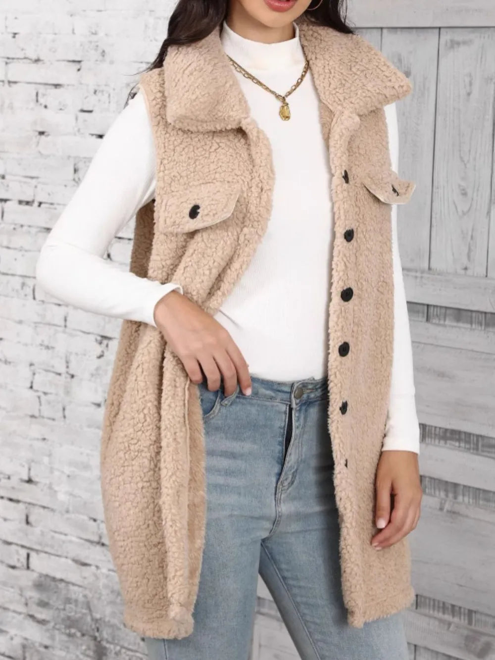 Longline teddy fleece button-front vest with collar