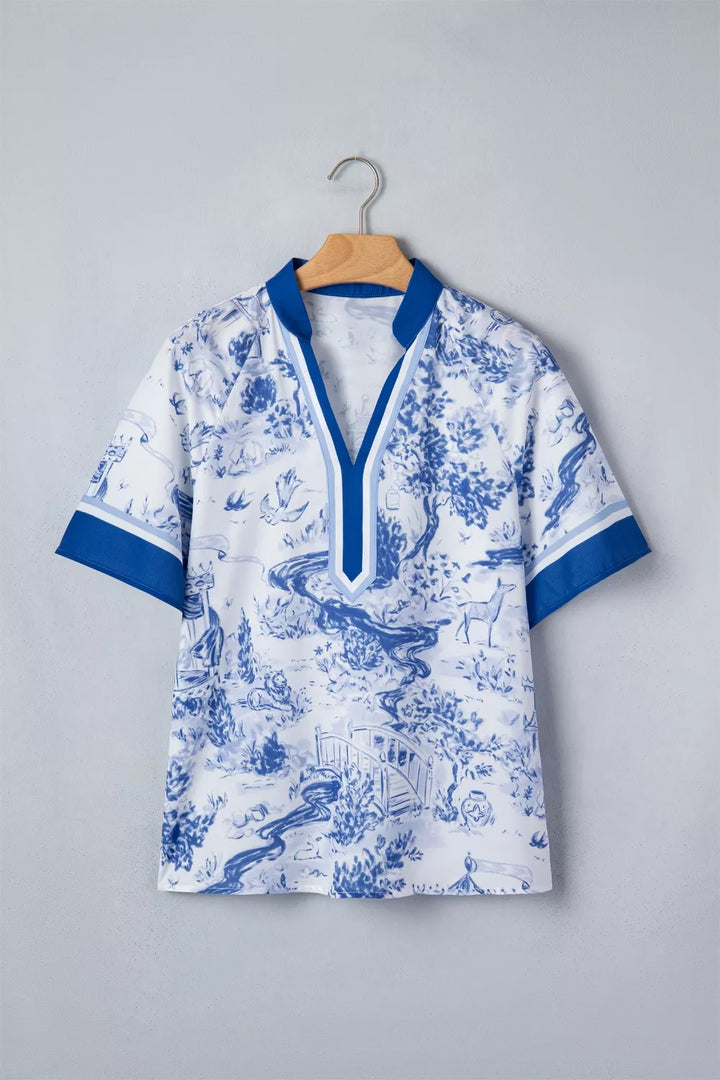 Scenic toile print V-neck raglan sleeve blouse