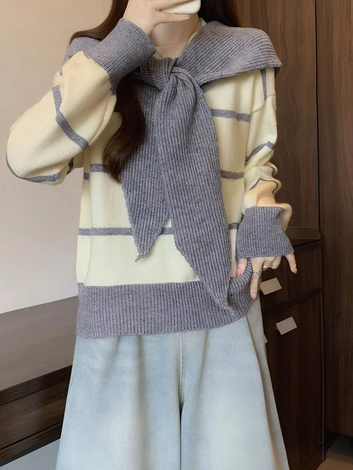 Striped tie-front round neck sweater with long sleeves