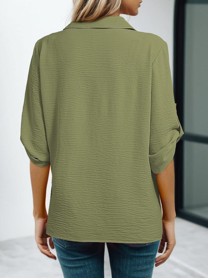 Johnny collar blouse with crochet lace trim and roll-tab sleeves