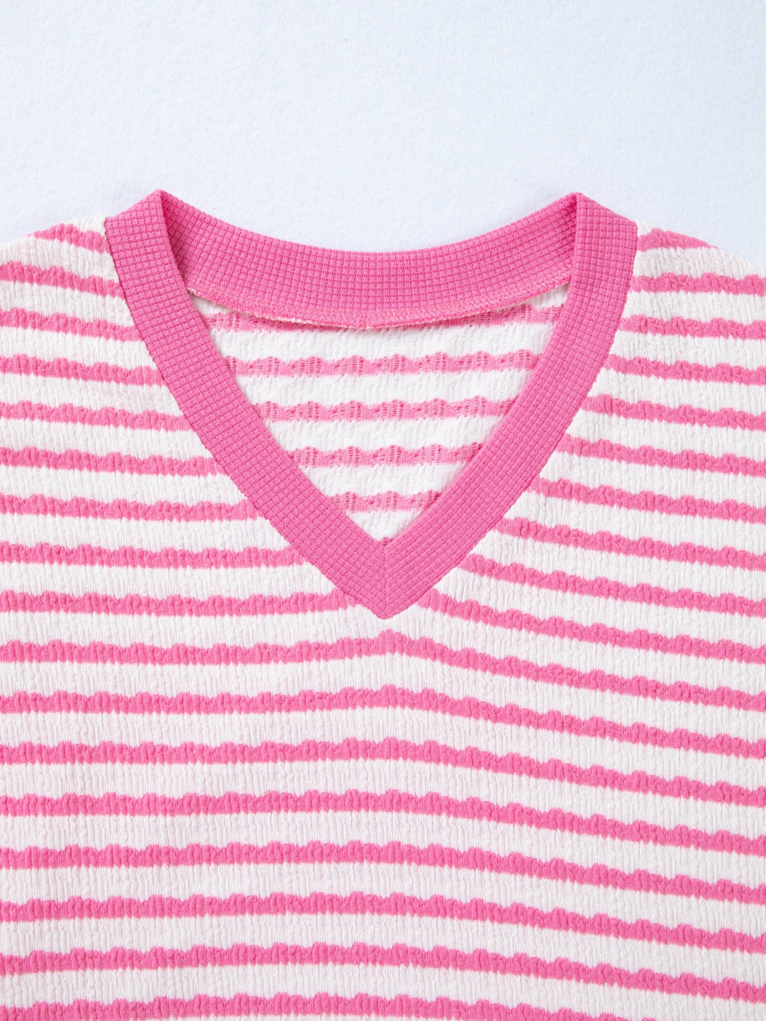 Striped textured knit V-neck top with waffle trim