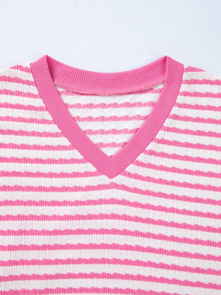 Striped textured knit V-neck top with waffle trim